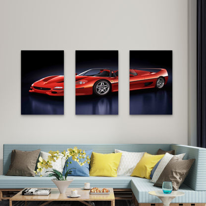 3pcs Red Retro Convertible Supercar Metal Print Ready to Hang Art