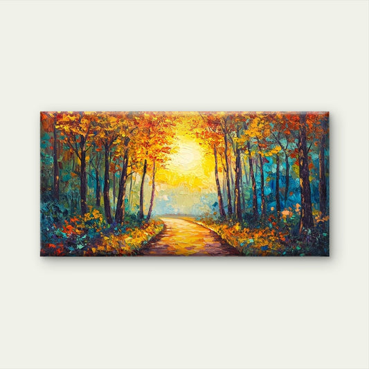Autumn Forest Pathway Landscape Wall Art Canvas Office Home Room Framed 120x60cm