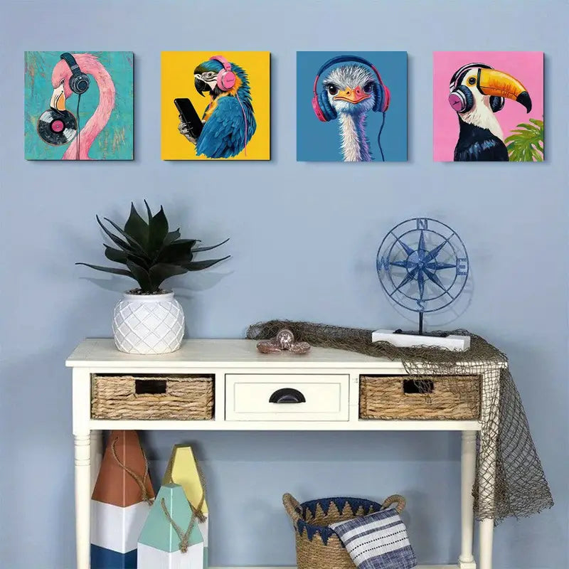 4pcs Birds Listening to Music Wall Art Canvas Framed