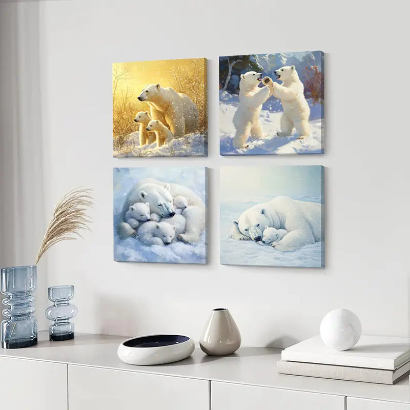 4pcs Ice Bear Family  Farmhouse Style   Wall Art Canvas Framed