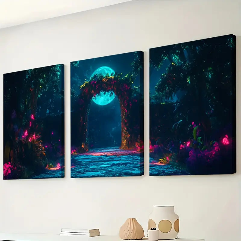 3pcs Moonlit Cedar Forest Wolves Scene Wall Art Set Canvas Framed 40x60cm - High Quality Print 100% Australian Made Wall Canvas Ready to Hang