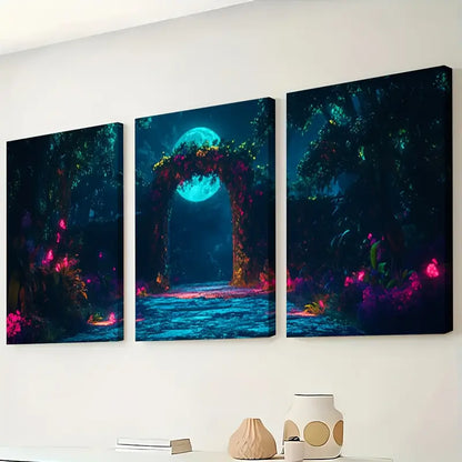 3pcs Moonlit Cedar Forest Wolves Scene Wall Art Set Canvas Framed 40x60cm - High Quality Print 100% Australian Made Wall Canvas Ready to Hang