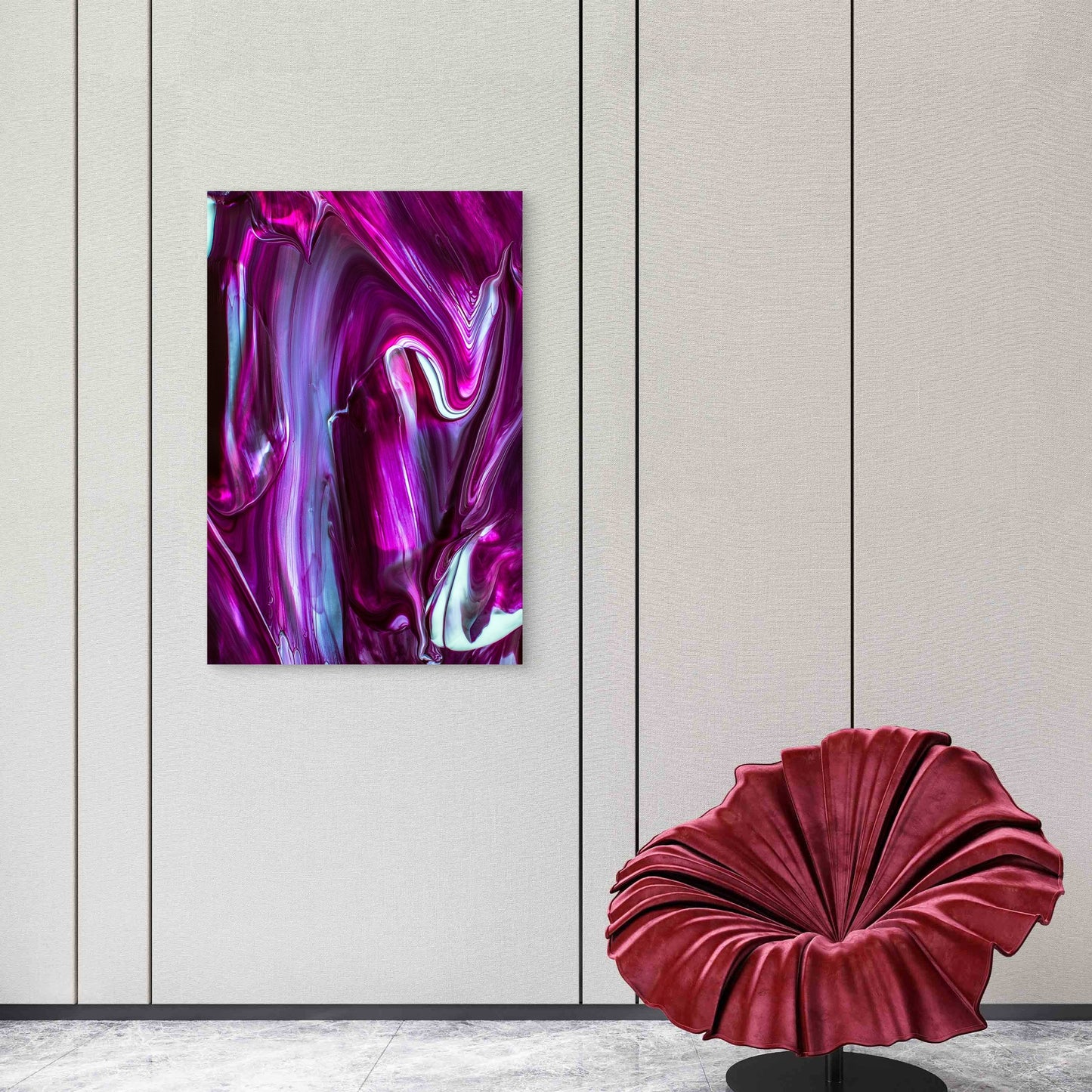Close-Up of Purple, White, and Black Paint Swirls 40x60cm Metal Print Ready to Hang