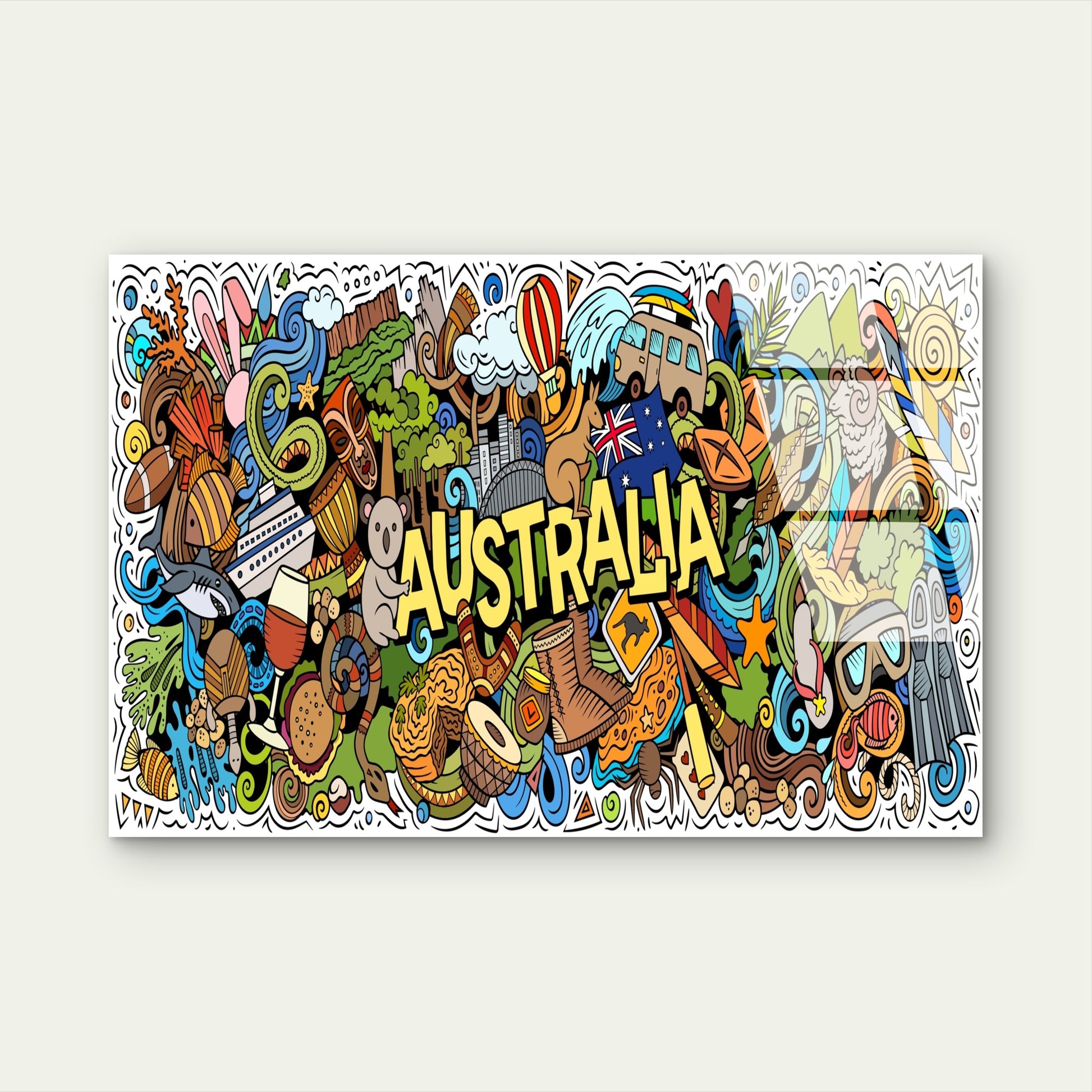 Australia Cartoon Doodle Map Collage Acrylic Glass Printing Wall Art Australian Made Quality