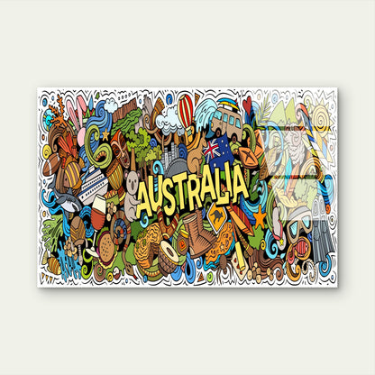 Australia Cartoon Doodle Map Collage Acrylic Glass Printing Wall Art Australian Made Quality