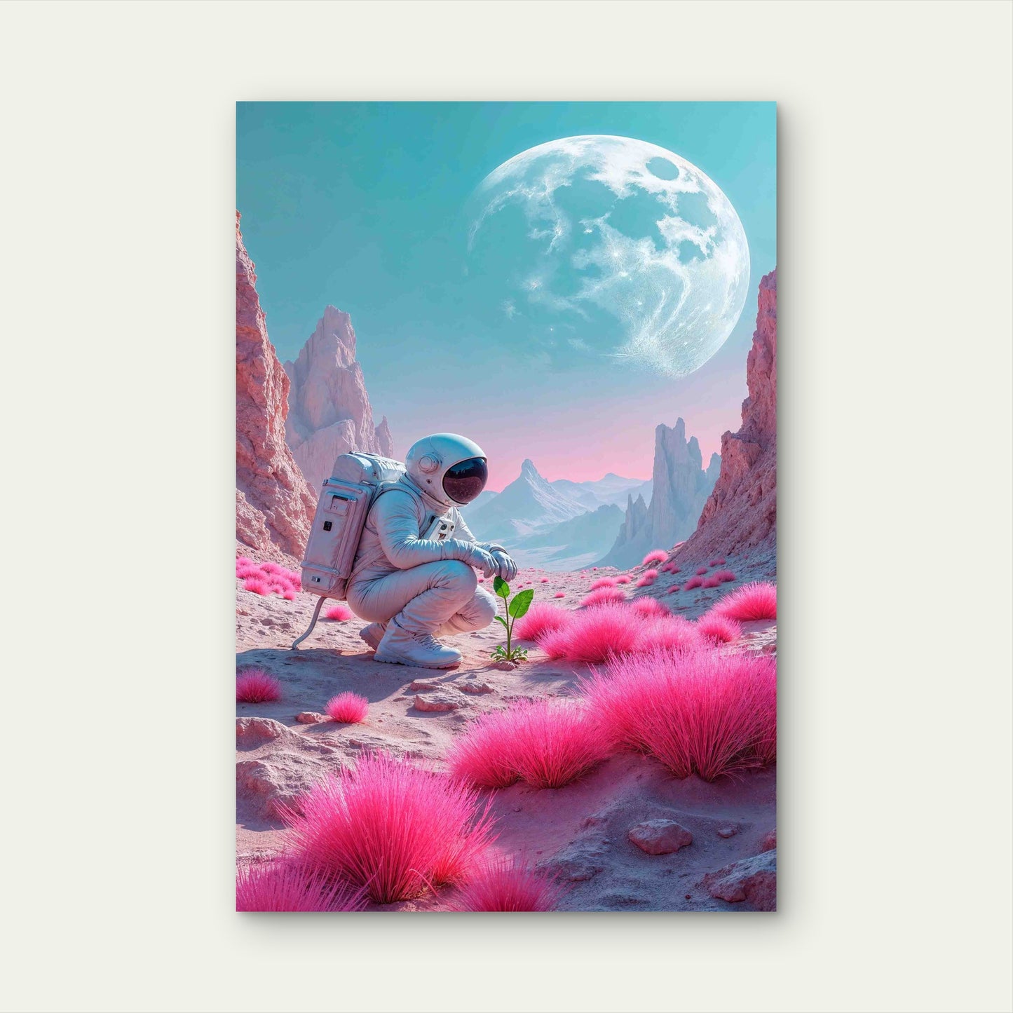 Astronaut Flower Pink Planet  60x90cm Metal Print Ready to Hang