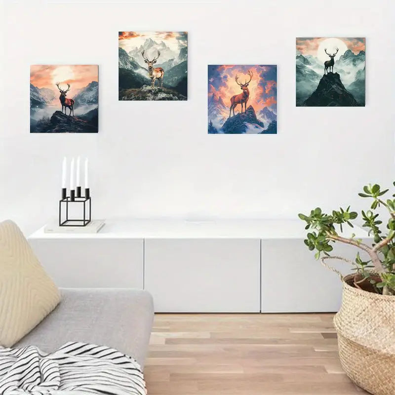 4pcs Blood Moon Deer Scenery Wall Art Canvas Framed