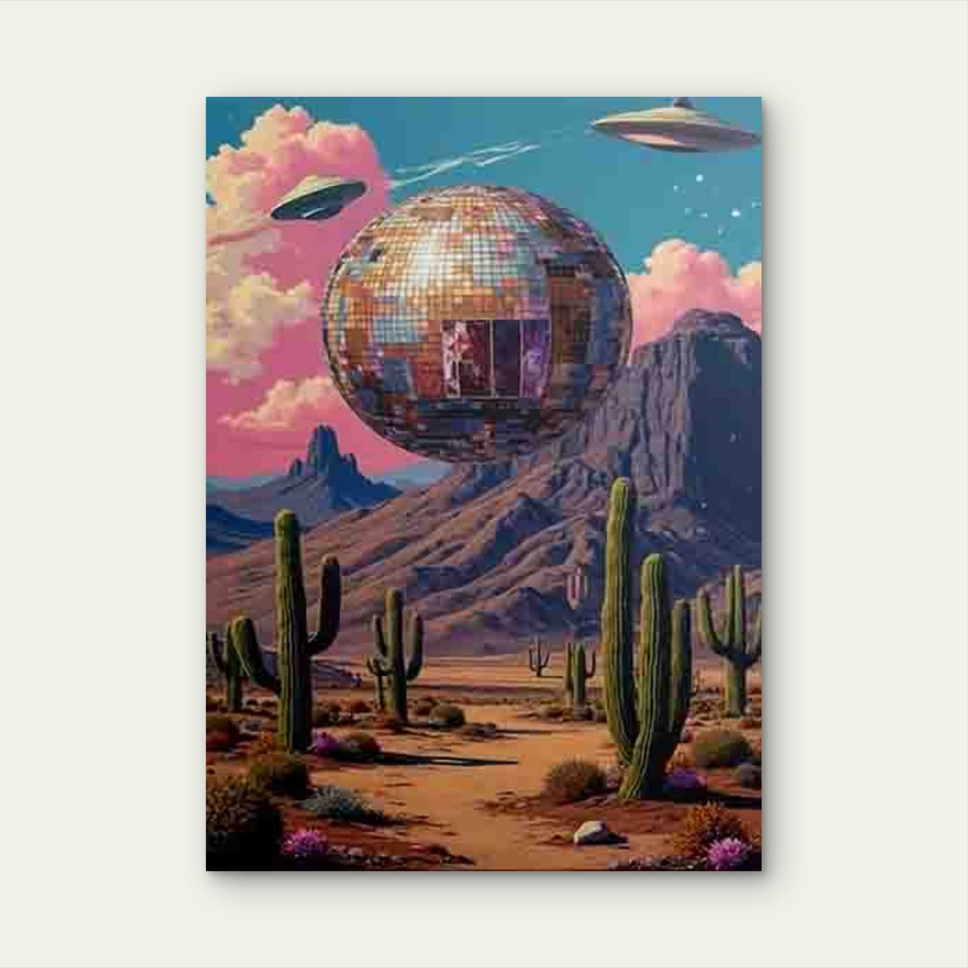 Desert Landscape with Cactus, UFOs & Disco Ball Metal Print Ready to Hang - Bella Home Decor