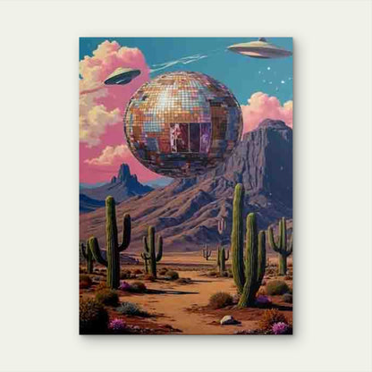 Desert Landscape with Cactus, UFOs & Disco Ball Metal Print Ready to Hang - Bella Home Decor