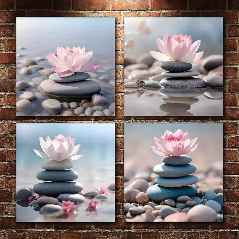 4pcs Pink for Lotus Stacked Zen Stones Wall Art Canvas Framed - Bella Home Decor