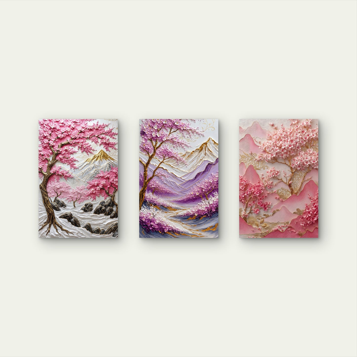3pcs Sakura Tree Mountain Palette Knife Painting   Wall Art Set Canvas Framed 40x60cm - High Quality Print 100% Australian Made Wall Canvas Ready to Hang