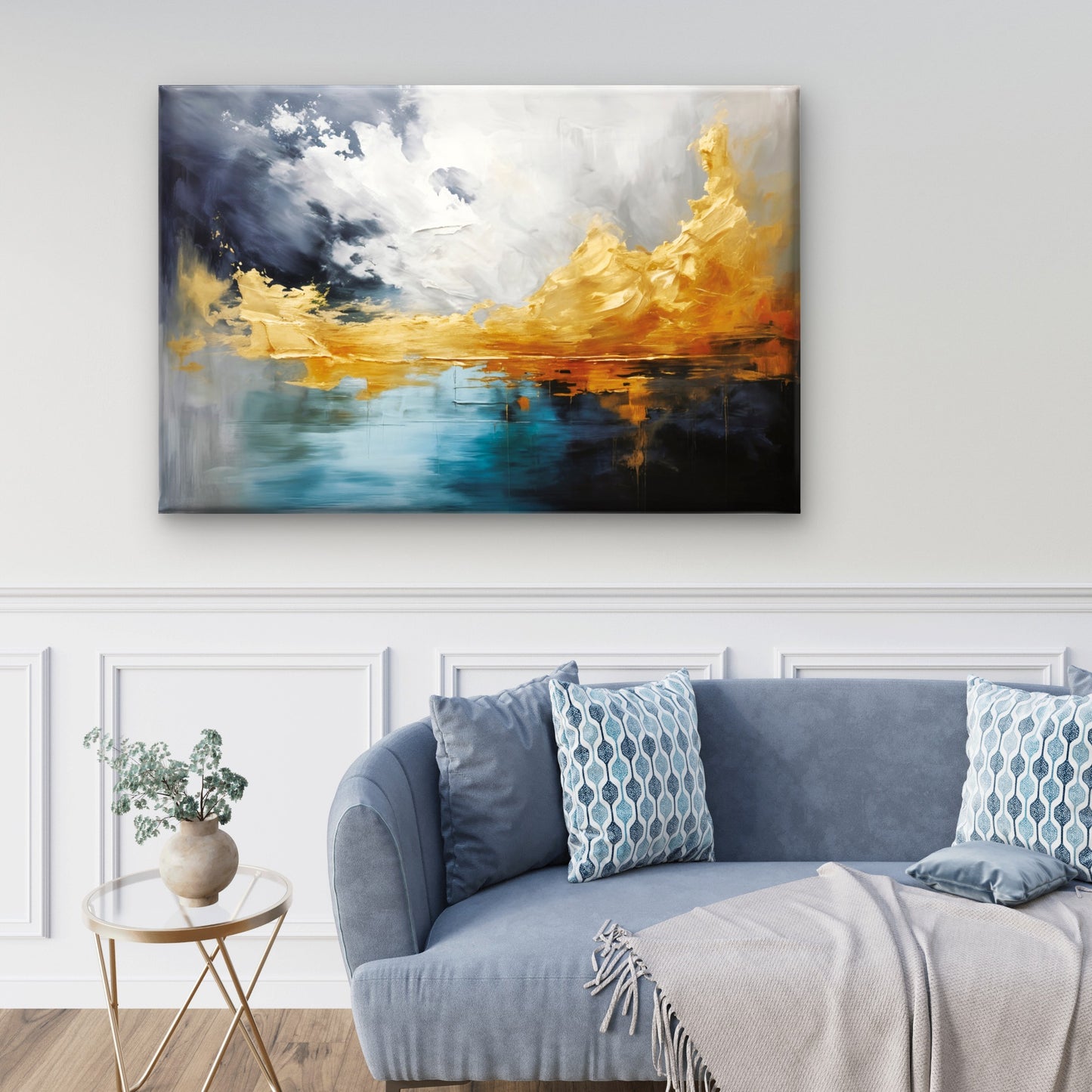 Blue Gold Abstract Painting Wall Art Decor 100% Australian Made