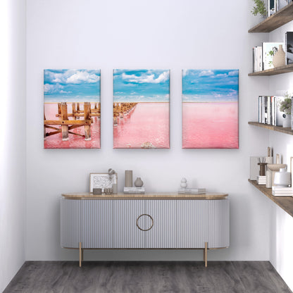 3pcs Pink Salt Lake Syvash In Ukraine Wall Art Set Canvas Framed 50x70cm - High Quality Print 100% Australian Made Wall Canvas Ready to Hang