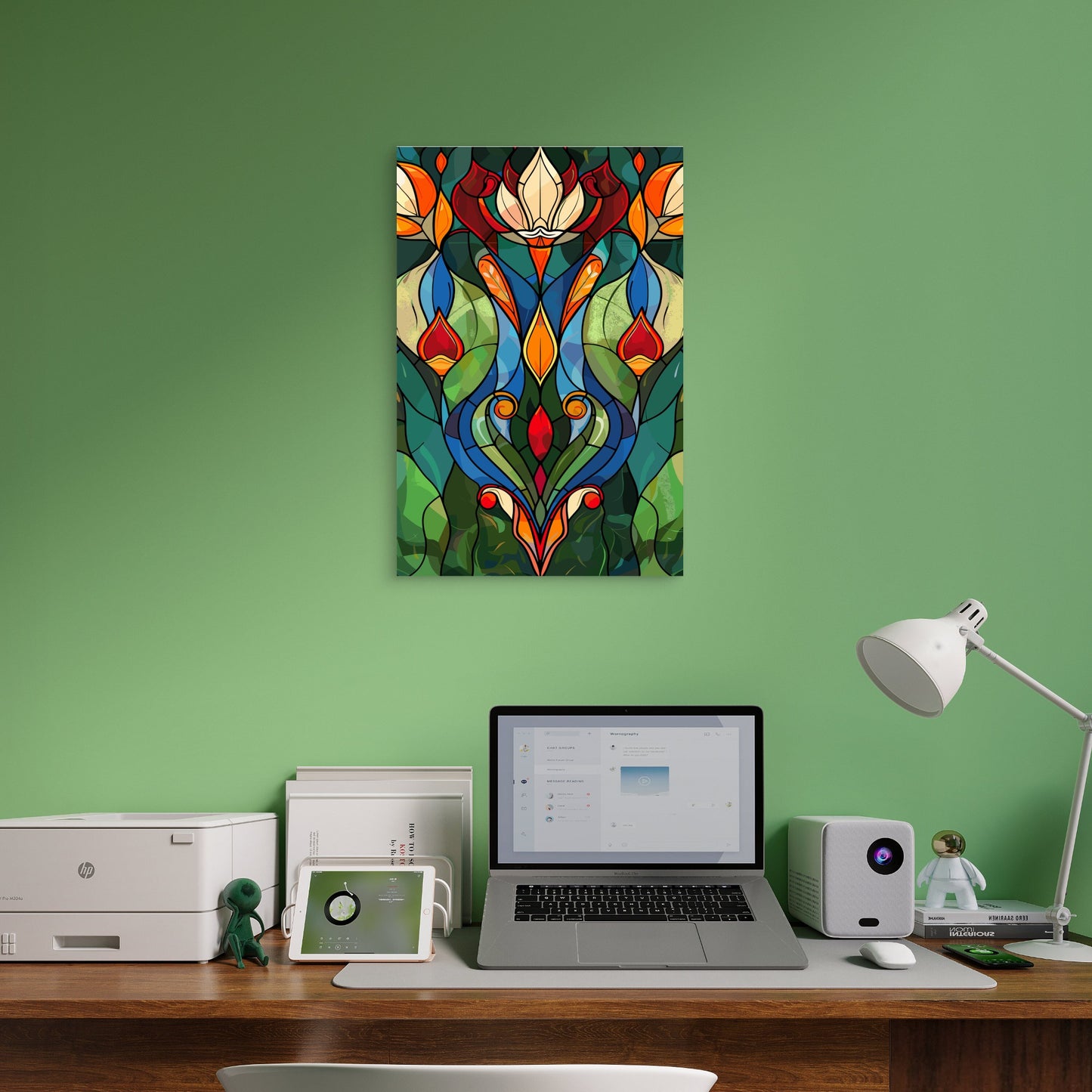 Vintage Green Red Floral Symmetric Mosaic 40x60cm Metal Print Ready to Hang
