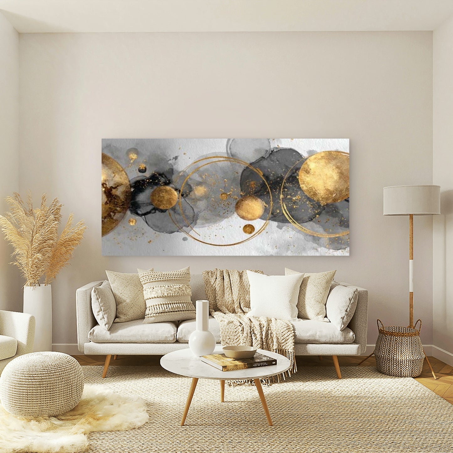 Abstract Gold Circles Wall Art Canvas Office Home Room Framed 120x60cm - Bella Home Decor