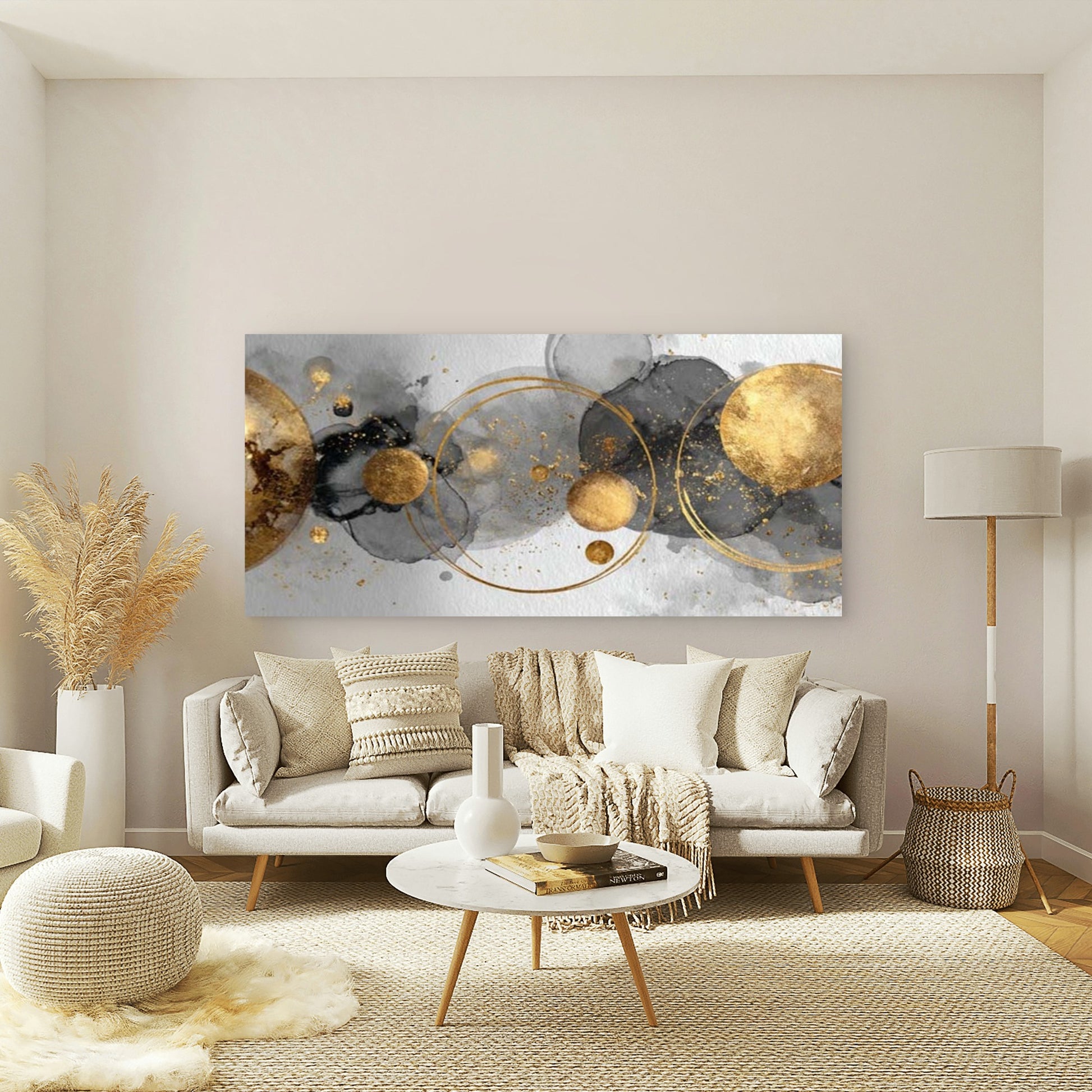 Abstract Gold Circles Wall Art Canvas Office Home Room Framed 120x60cm - Bella Home Decor