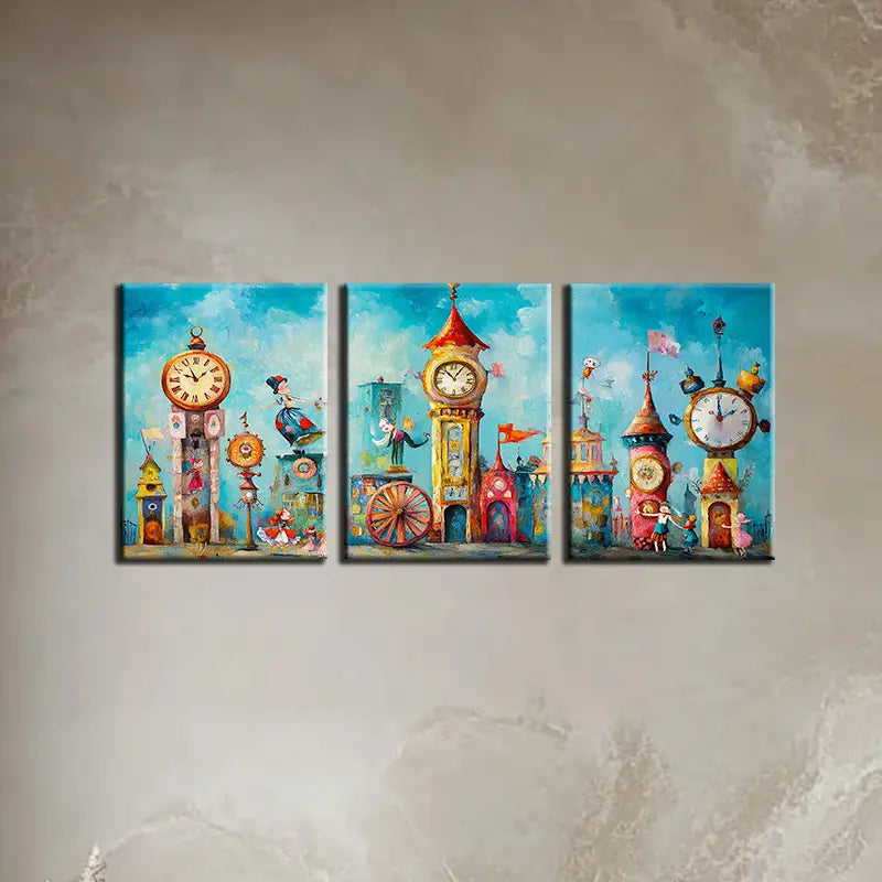3pcs Colorful Clock Tower & Playful Characters Metal Print Ready to Hang Art - Bella Home Decor