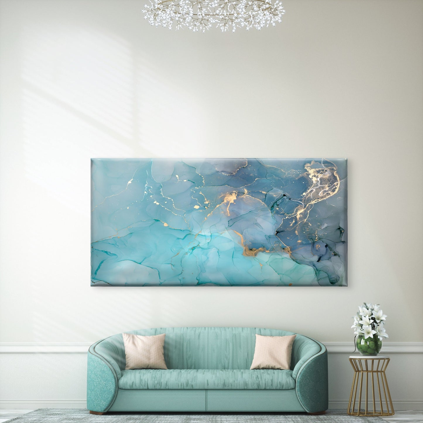 Turquoise Blue Gold Abstract Wall Art Canvas Office Home Room Framed 120x60cm