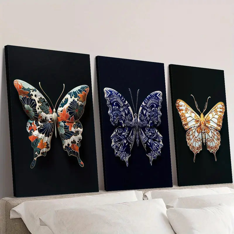 3pcs Japanese Butterfly on Black Background Wall Art Set Canvas Framed 60x90cm - High Quality Print 100% Australian Made Wall Canvas Ready to Hang