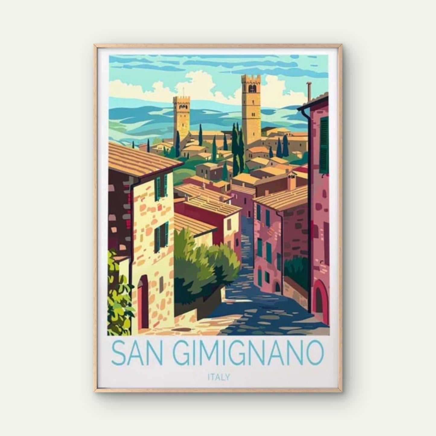 San Gimignano Italy, Trees & Houses Art Travel Poster Print Wall Art