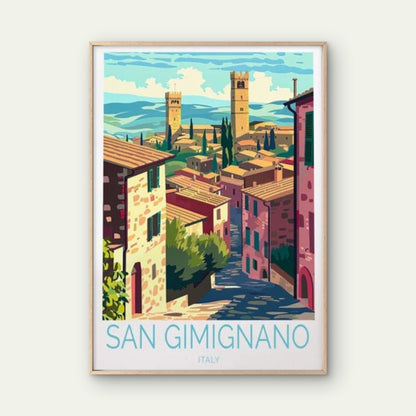 San Gimignano Italy, Trees & Houses Art Travel Poster Print Wall Art