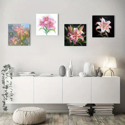 4pcs Vibrant Pink & White Lily Flower  Wall Art Canvas Framed