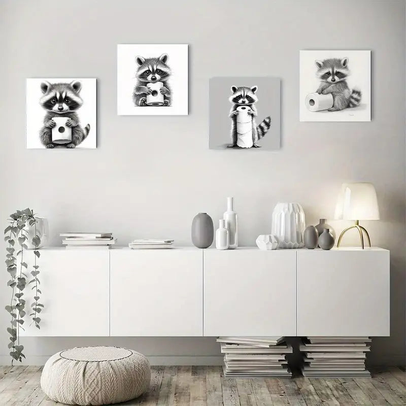 4pcs Charming Raccoon & Toilet Paper Wall Art Canvas Framed