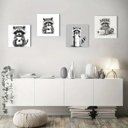 4pcs Charming Raccoon & Toilet Paper Wall Art Canvas Framed