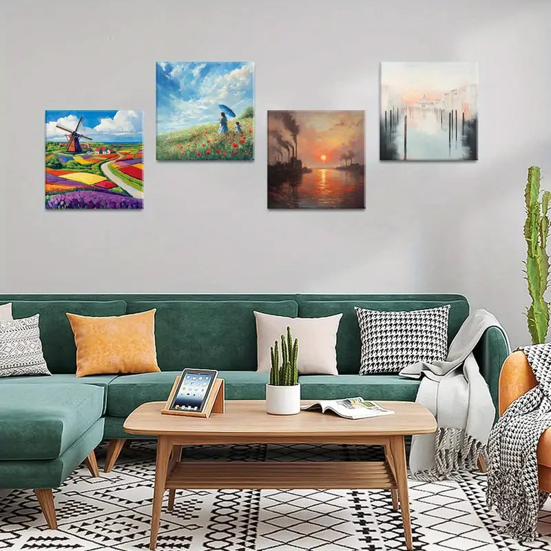 4pcs Windmill, Floral Fields & Wildflowers   Wall Art Canvas Framed