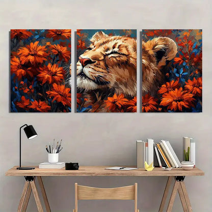 3pcs Lion & Floral Canvas Metal Print Ready to Hang Art