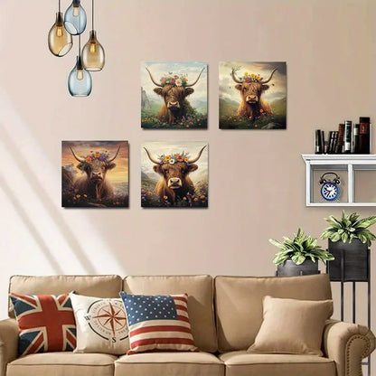 4pcs Highland Cow Flower Vintage  HC  Wall Art Canvas Framed