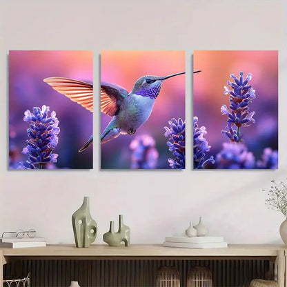 3pcs Vibrant Hummingbird & Lavender Metal Print Ready to Hang Art
