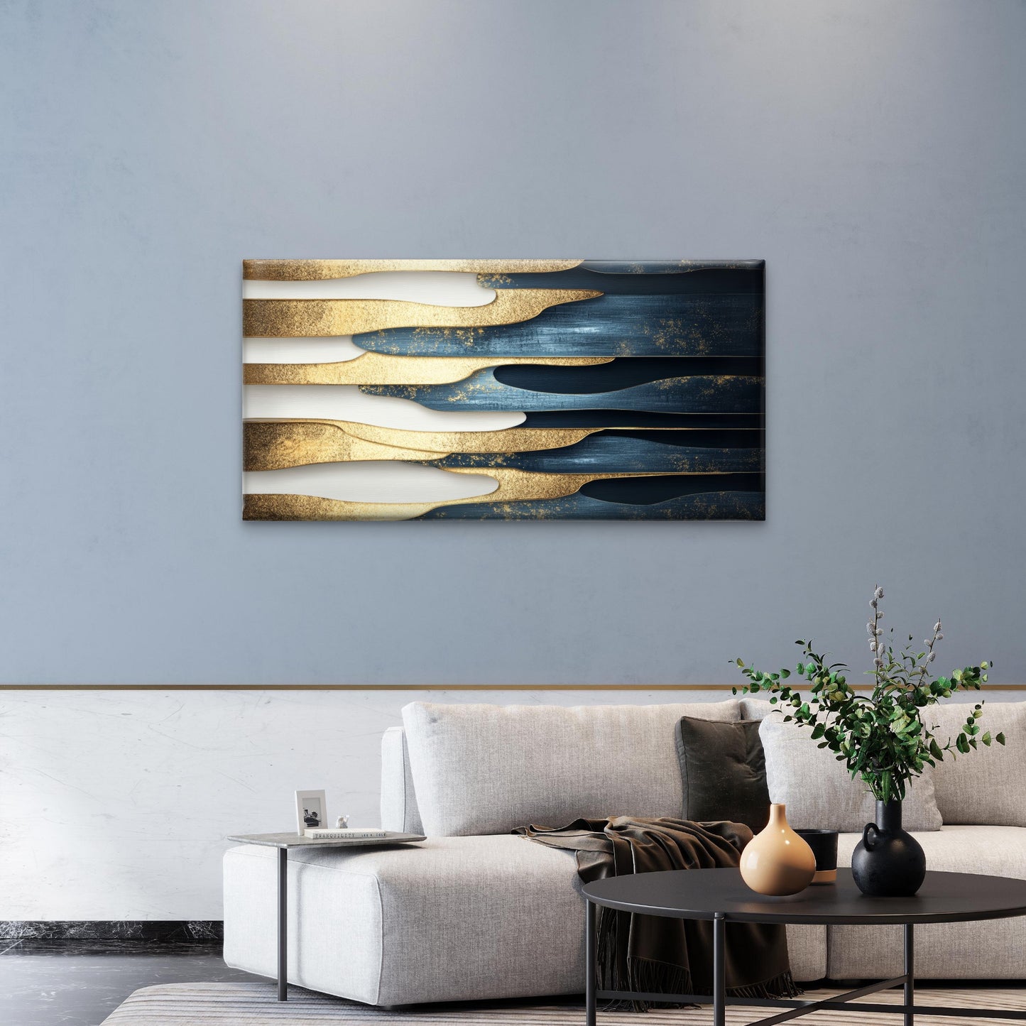 Navy Blue Gold Pattern Abstract Wall Art Canvas Office Home Framed 120x60cm