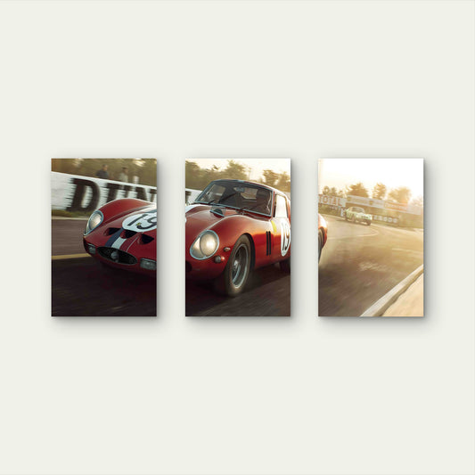 3pcs Vintage Red Racing Car Golden Hour Motorsport Metal Print Ready to Hang Art
