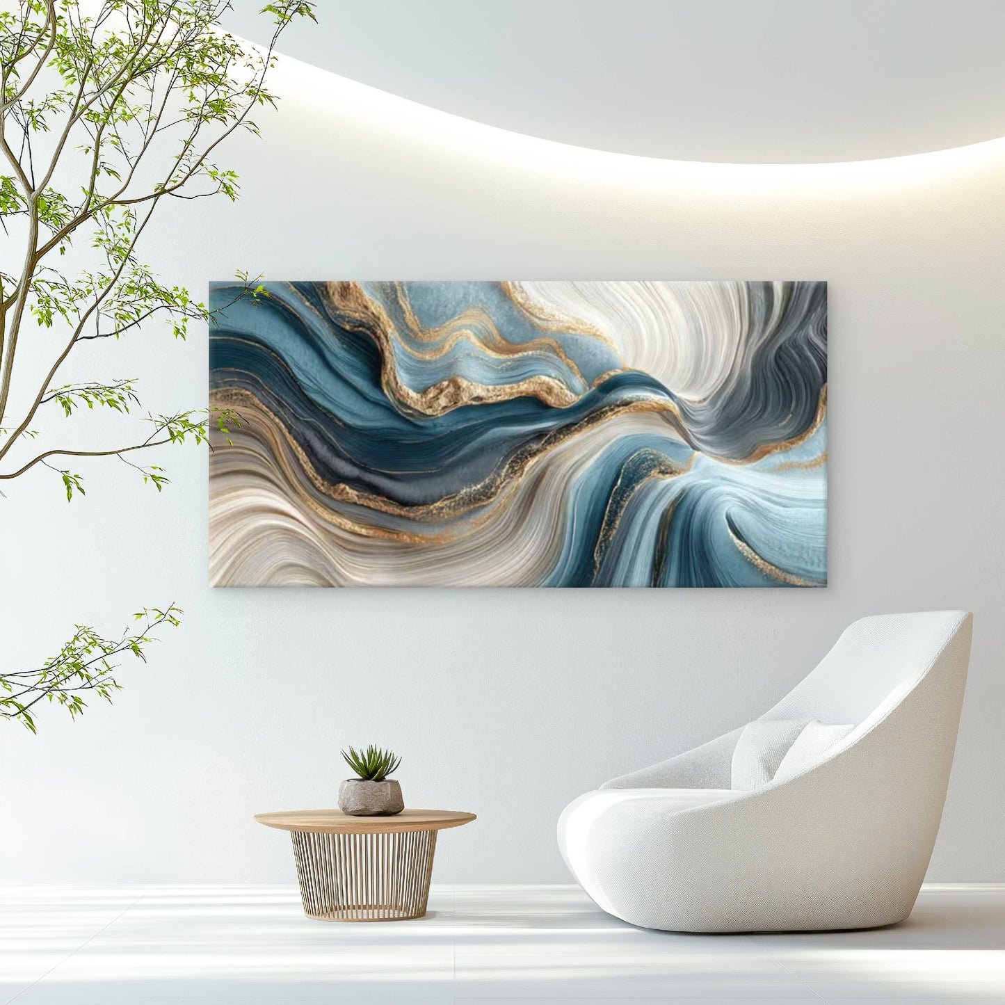 Abstract Geode Waves Blue Wall Art Canvas Office Home Room Framed 120x60cm