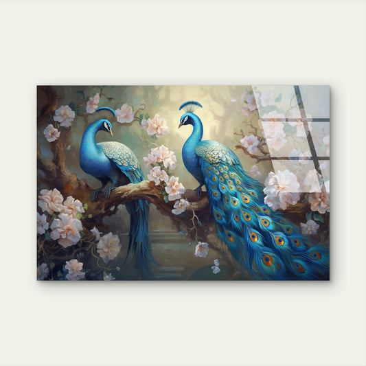 Blue Peacock Cherry Blossom Acrylic Glass Printing Wall Art Australian Made Quality