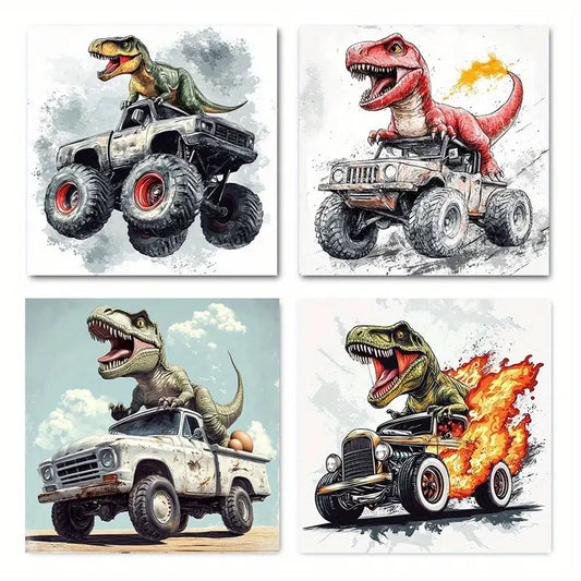 4pcs Dinosaur Cool Monster Truck  Wall Art Canvas Framed