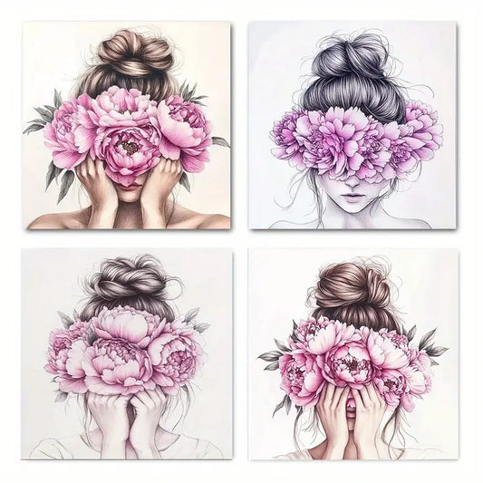 4pcs Girl with Messy Bun and Pink Peonies   Wall Art Canvas Framed