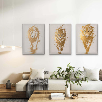 3pcs Gold Foil Lion Cat Tiger Animal Splatter  Wall Art Set Canvas Framed 60x90cm - High Quality Print 100% Australian Made Wall Canvas Ready to Hang
