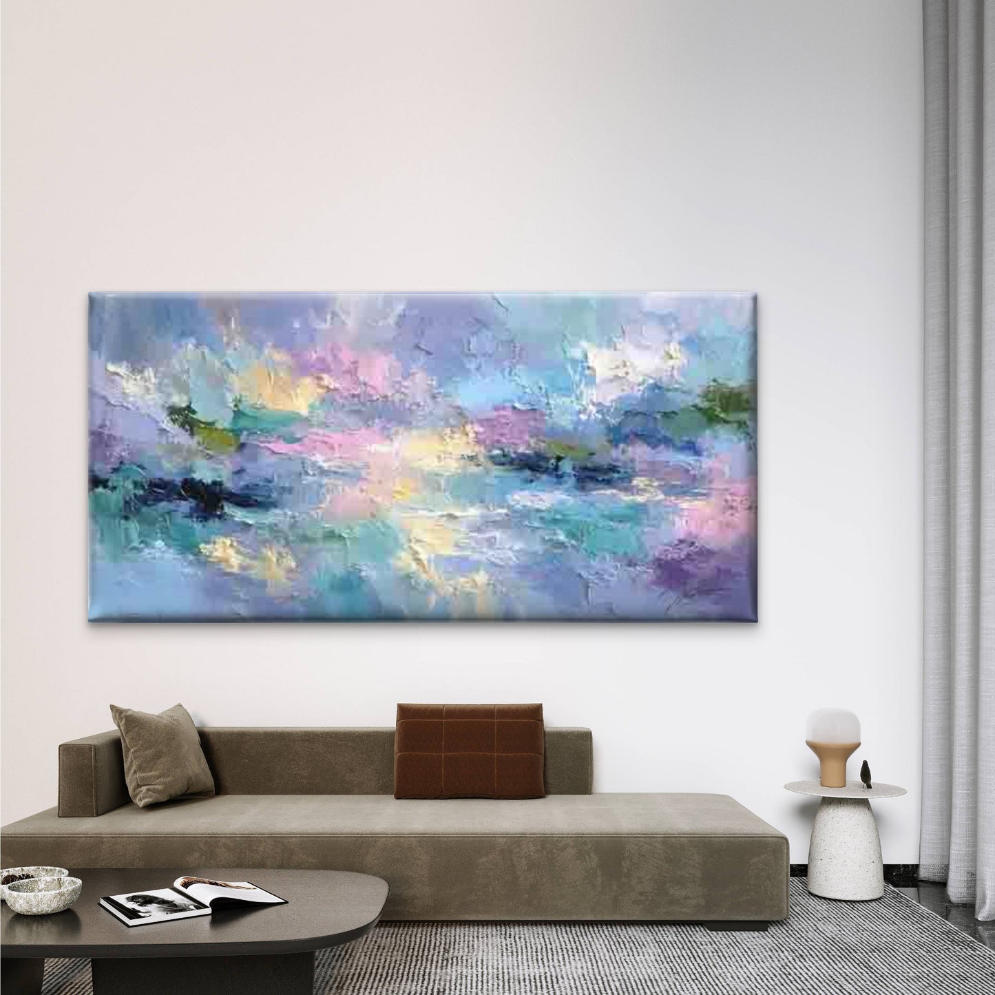 Pastel Pink & Blue Abstract Wall Art Canvas Office Home Room Framed 120x60cm