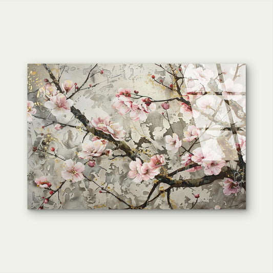 Pink Cherry Blossom Grey Marble Glass Printing Wall Art Australian Made Quality