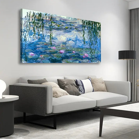 Water Lilies & Willow Leaves Vintage Nature Wall Art canvas office home room framed 120x60cm