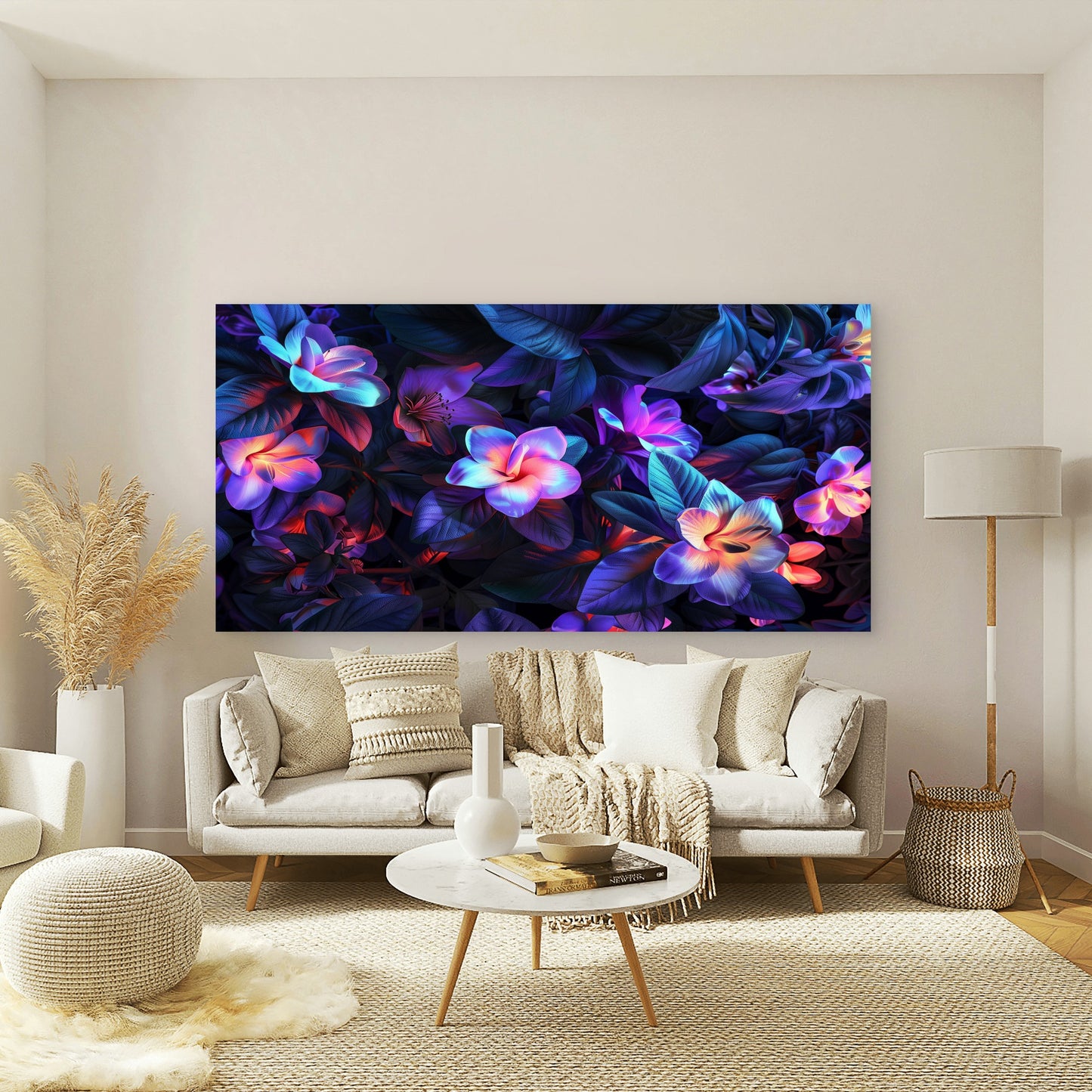 Surreal Dark Neon Flowers Wall Art Canvas Office Home Room Framed 120x60cm