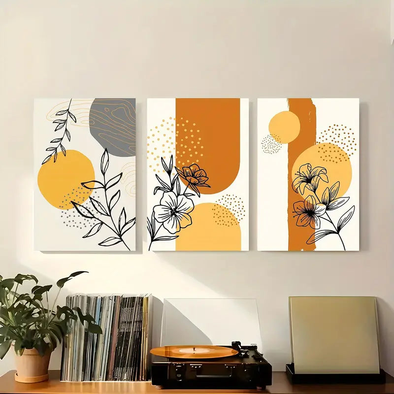 3pcs Abstract Botanical Line Art with Geometric Shapes Metal Print Ready to Hang Art