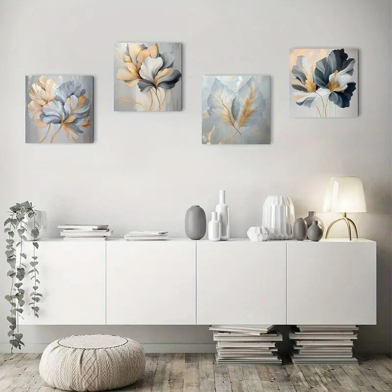 4pcs Golden White Leaves Wall Art Canvas Framed