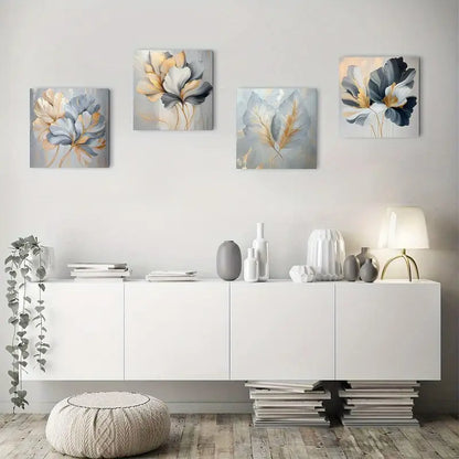 4pcs Golden White Leaves Wall Art Canvas Framed