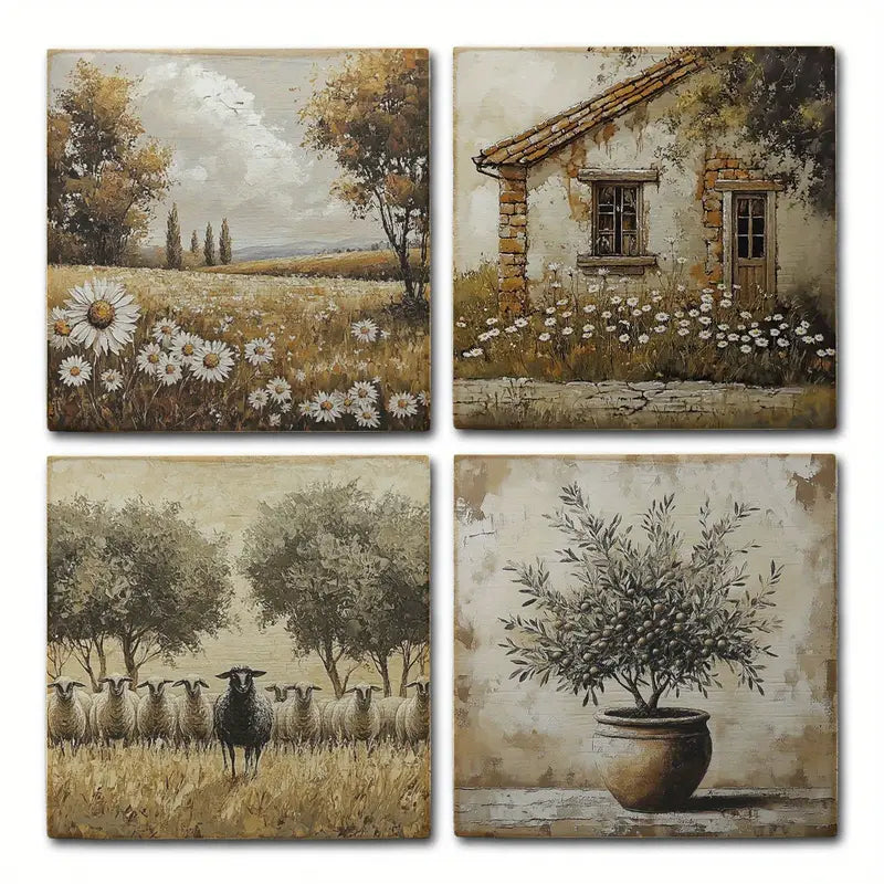 4pcs Wild House With Shep Golden Background Wall Art Canvas Framed
