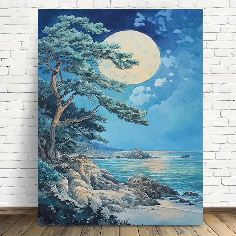 Beautiful Moonlit Coastal Serenity Tranquil Painting 40x60cm Metal Print Ready to Hang - Bella Home Decor