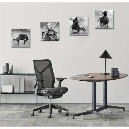 4pcs Black And White Cowboy Riding Horse Pictures Wall Art Canvas Framed