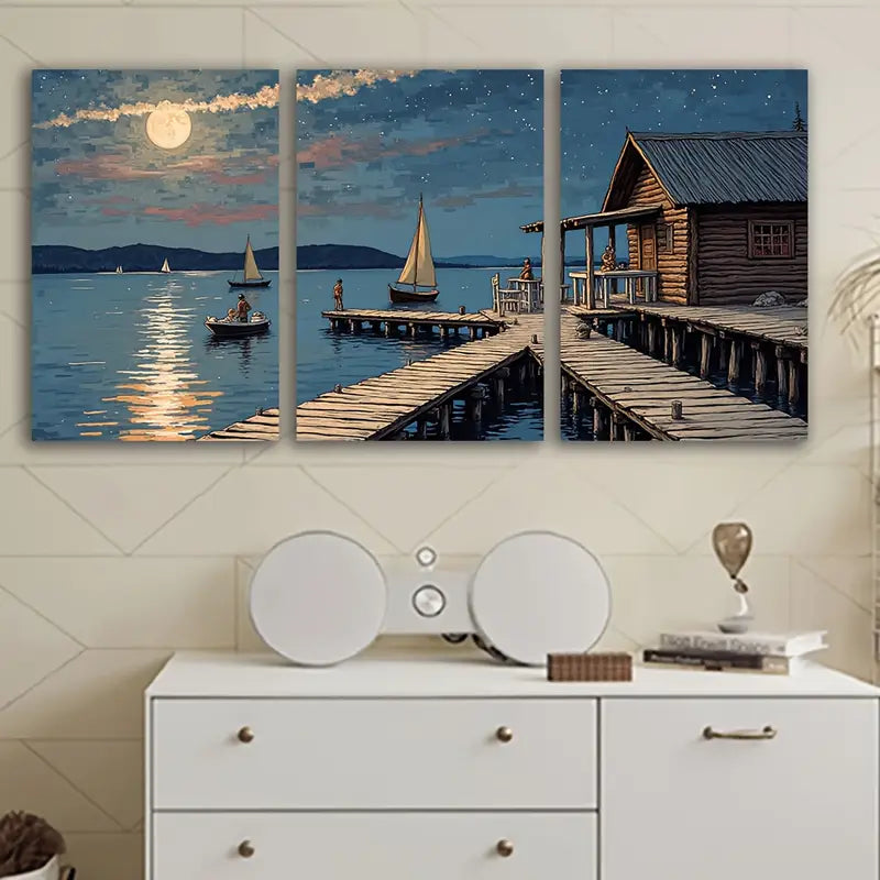 3pcs Night Sailboats Moonlit Sky Scene Wall Art Set Canvas Framed 60x90cm - High Quality Print 100% Australian Made Wall Canvas Ready to Hang